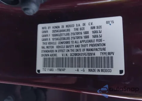 2015 Honda Cr-V Lx from USA, damaged, VIN 3CZRM3H31FG702614